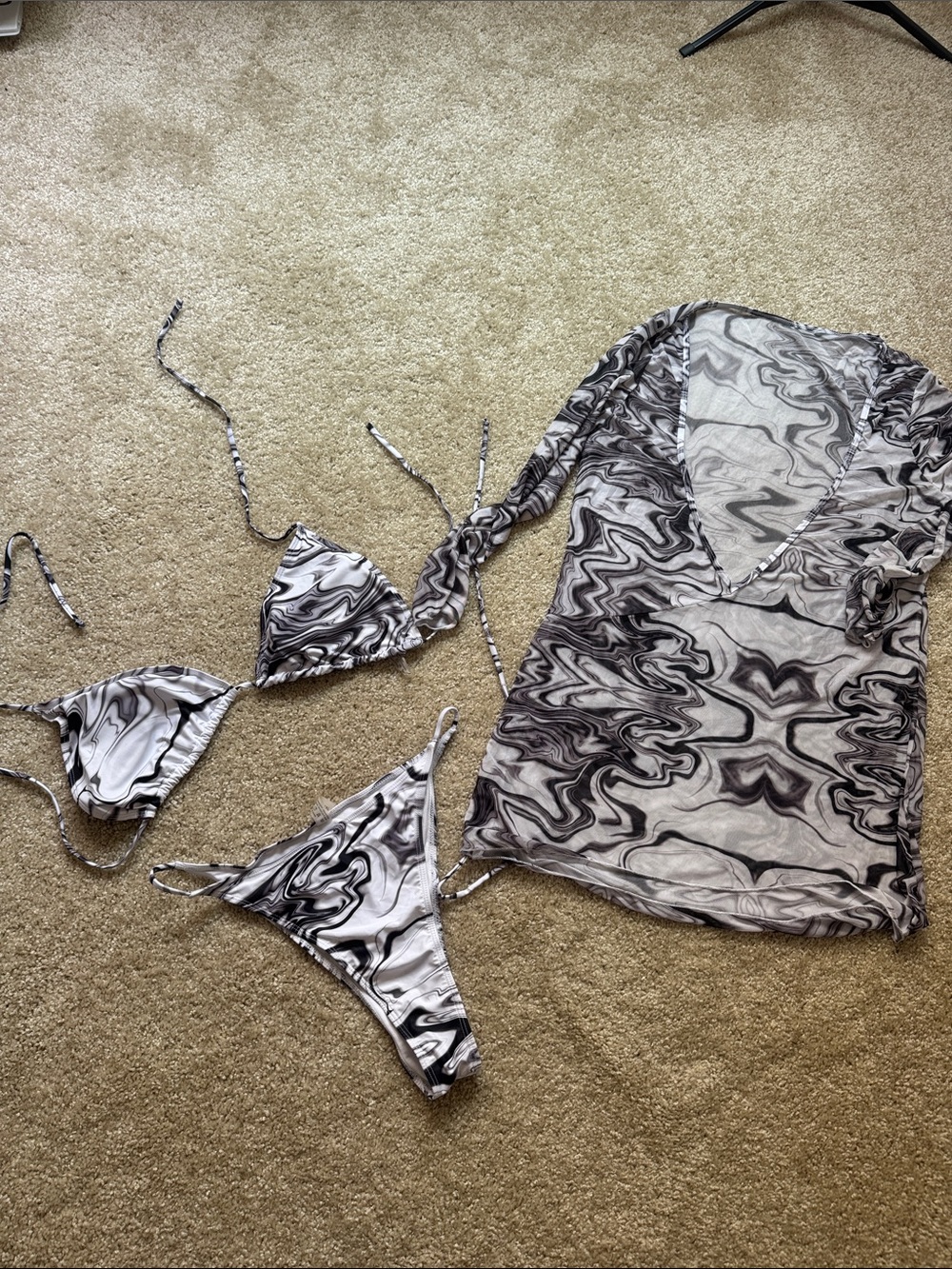 Amazon Women Swim Bikini Set and Cover-Up in Black and White Marble Print